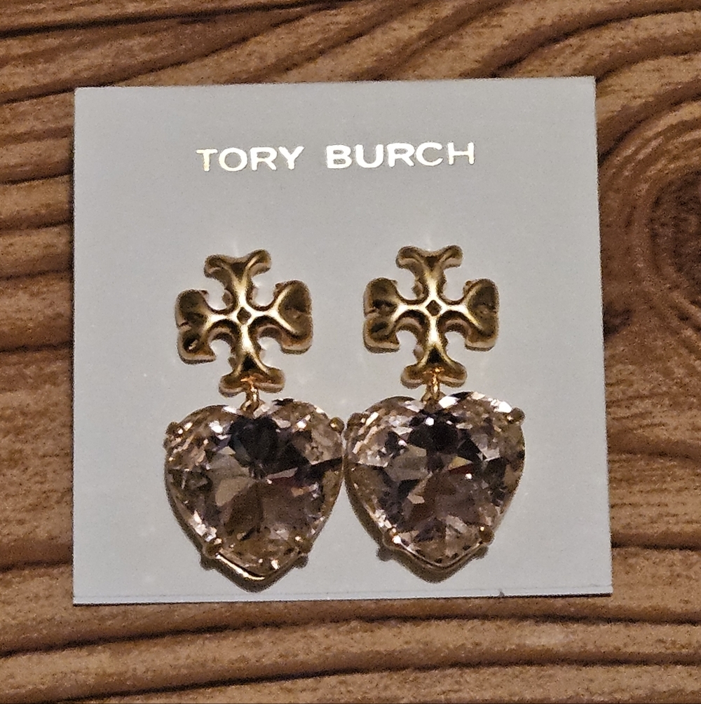 LOW START Tory Burch Gold and Pink Faceted Heart Earrings - Picture 2 of 8